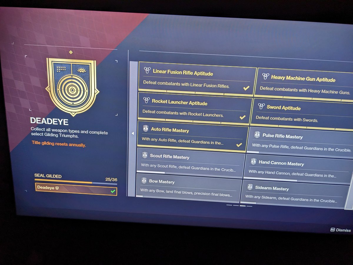 Gobl11n's tweet photo. @Destiny2Team @Bungie wanna tell me why my title progress has been reset? 
I've got gilded deadeye and the some of the progress is gone, and I've solo'd pit of heresy and now it's not showing https://t.co/qgPzxmDlZQ