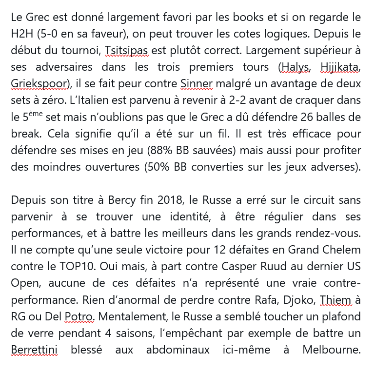 tennisbreaknews's tweet photo. 🇦🇺Open d'Australie 

Belle affiche entre 🇷🇺Khachanov et 🇬🇷Tsitsipas pour cette 1ère demie🔥

🎁Analyse complète à lire ci-dessous

⭐️Khachanov➡️ cote 3.00 - mise 0.5U
🔛Over 36.5 jeux (B) ➡️cote 1.62 - mise 1U

Merci ♥️/🔁et n'hésitez pas à dire quel bet vous prenez sur ce match https://t.co/XqbvGfq4RX