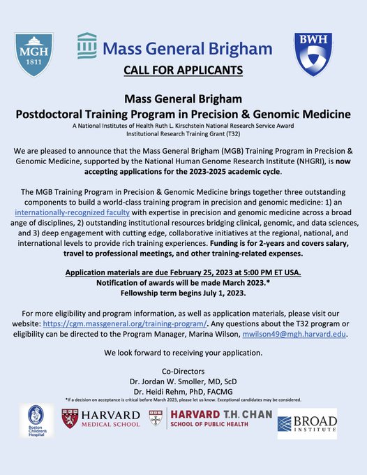 Happy to announce this year's call for applications supporting our postdoc fellows for the NHGRI-funded MGB T32 Training Program in Precision and Genomic Medicine. cgm.massgeneral.org/training-progr…