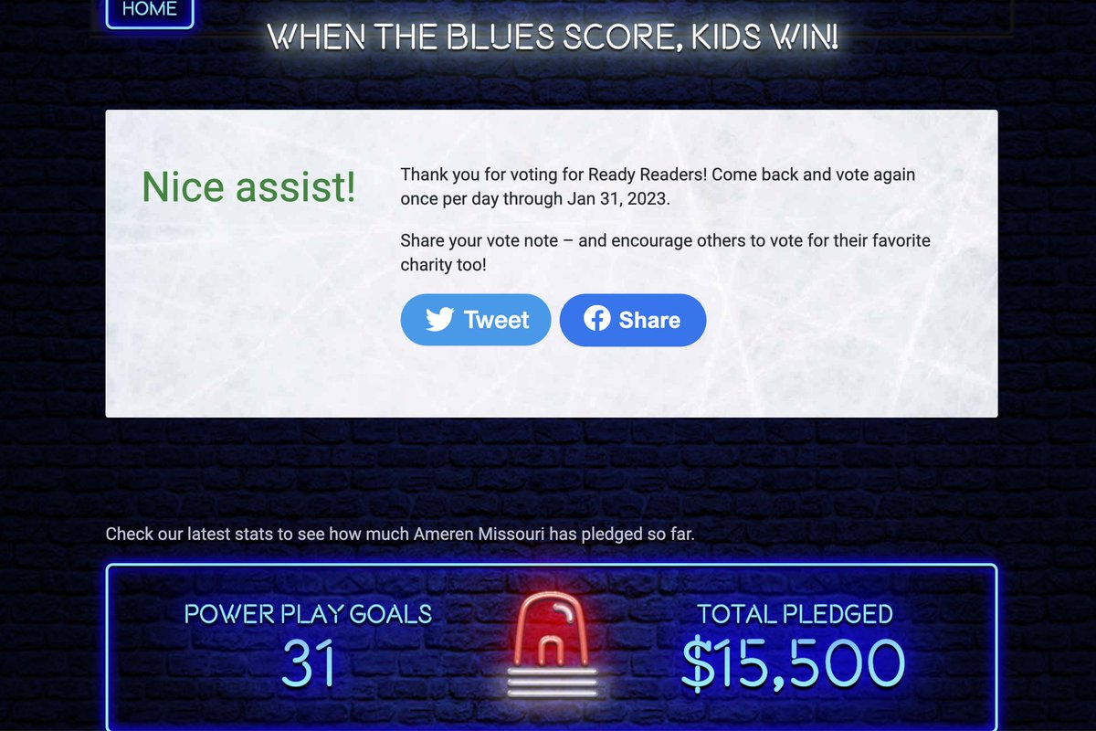Ready Readers fans -- we officially have ONE WEEK left to vote daily for the Power Play Goals for Kids. Cheer for the Blues &amp; help us to the finish line by voting TODAY and EVERY DAY until January 31st!! amerenmissouri.com/blues

#KidsWhoReadSucceed #powerplaygoalsforkids
