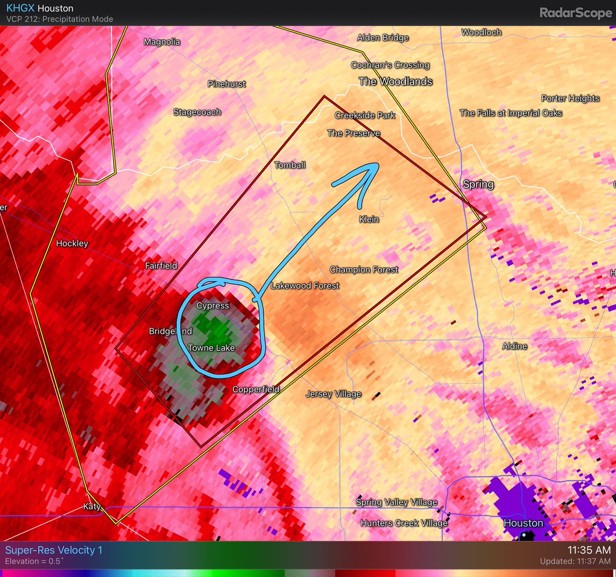 weatherbarker's tweet photo. TORNADO WARNING for Cypress area right now. In effect until noon for everyone in the red box. Seek shelter now! #houwx #hounews #houston #houstontx #htx #txwx #wxtwitter https://t.co/DIX1yY75Pn