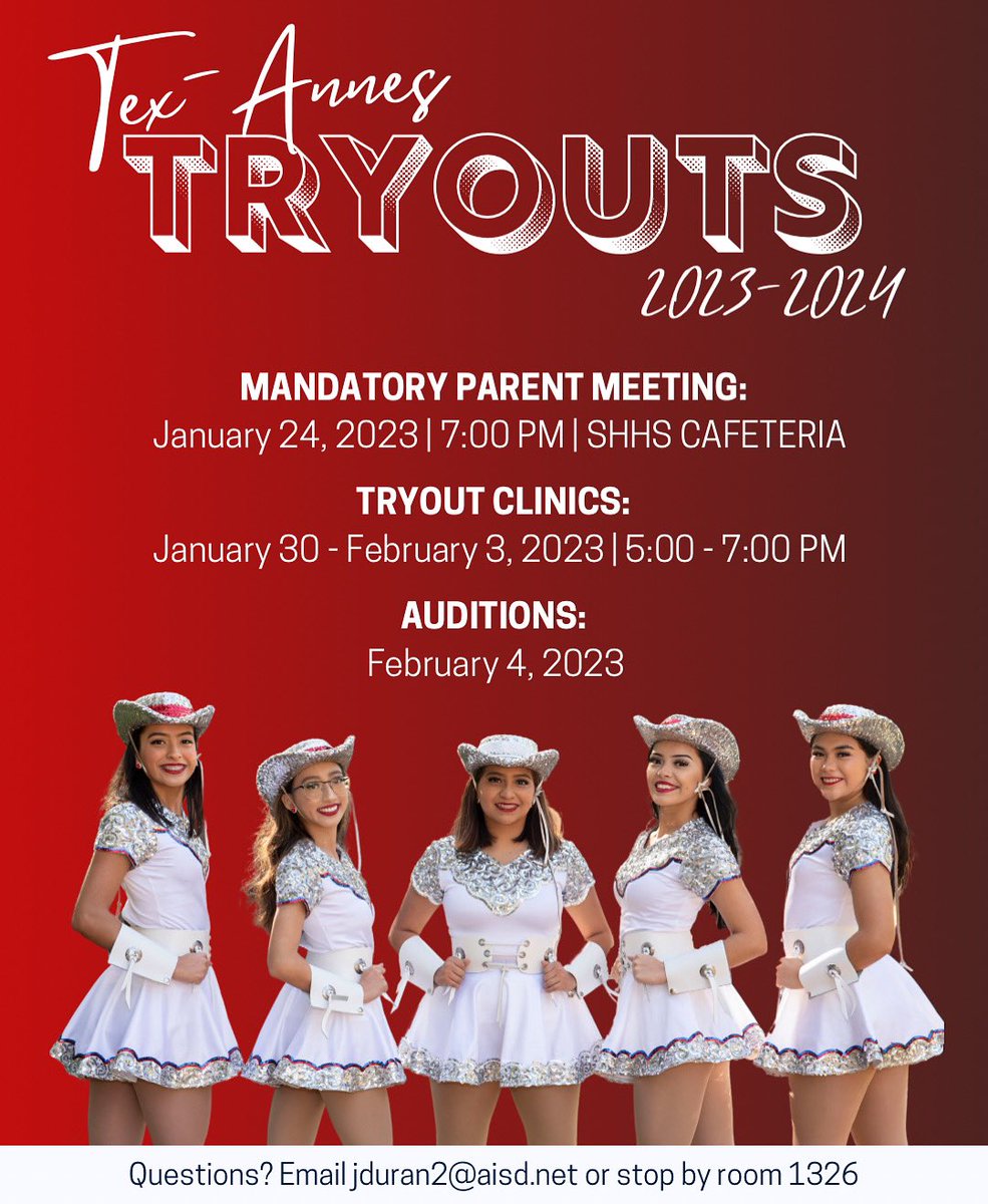 Less than 1 week away from tryout week! ✨ Don’t forget, the mandatory parent/hopeful meeting is TONIGHT at 7pm! We’ll see you there! <a href="/SamHoustonHS/">Sam Houston HS</a> @SHHSTexanMedia