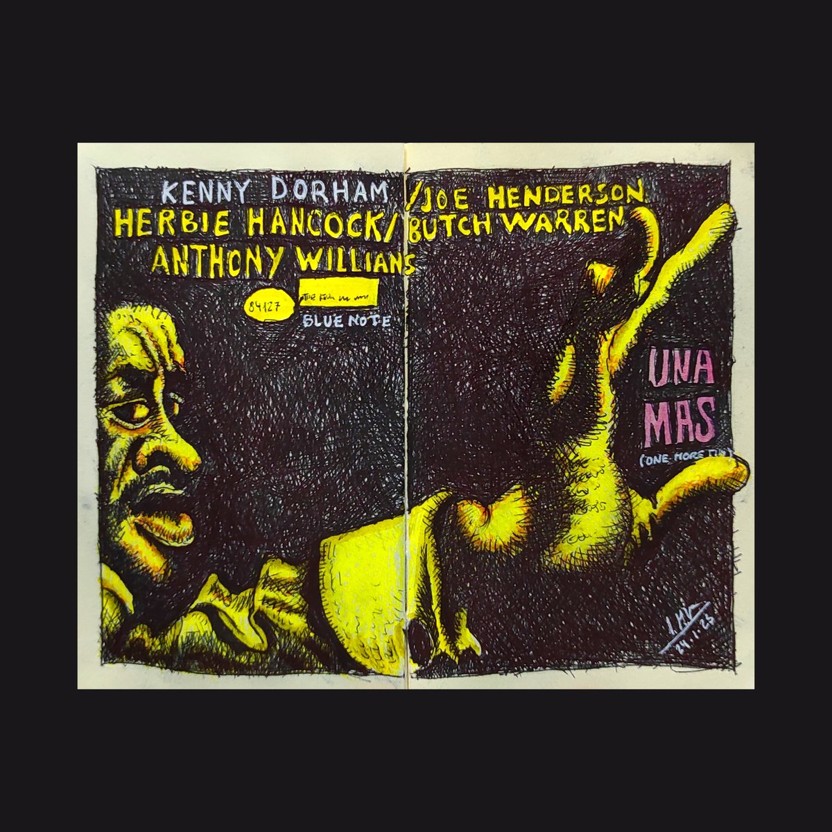 Serie BLUE NOTE.
Interpretación a bolígrafo de la portada del LP del trompetista KENNY DORHAM:
Uno mas (One More Time)
Blue Note 84127 LP 1963.
#jazzdrawing #drawing #kennydorham #bluenote #bluenoterecords #jazz #jazzmusic #trumpet #sketchbook <a href="/bluenoterecords/">Blue Note Records</a>