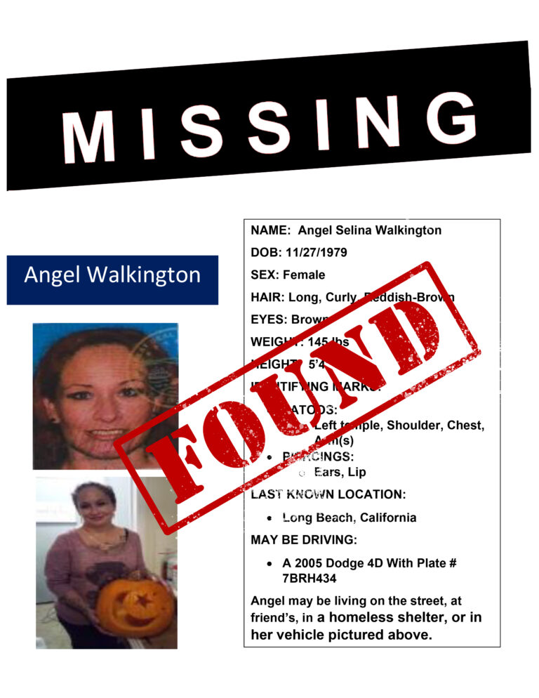 In January of 2023, FindHomelessPeople.org reconnected Angel Walkington, last seen in Long Beach, CA, with her family. The family reached out to FindHomelessPeople.org for help in locating their missing family member.
