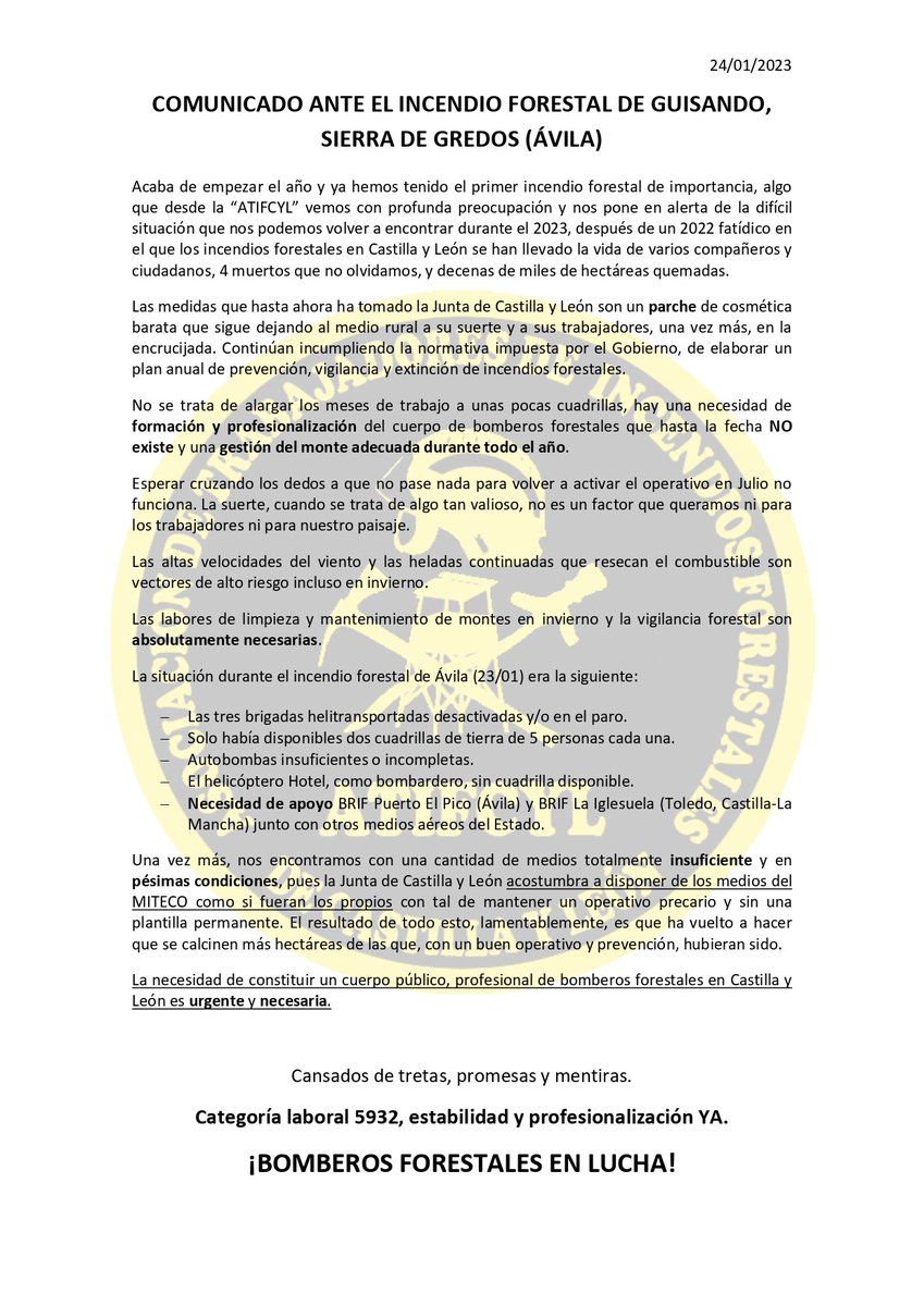 🔴 Comunicado de ATIFCYL sobre el reciente incendio de Guisando. #IFGuisando #Ávila Desde ATIFCYL recalcamos una vez más que la situación que estamos viviendo en CyL es consecuencia de la nefasta gestión del consejero Suárez-Quiñones y del director general Jose Ángel Arranz