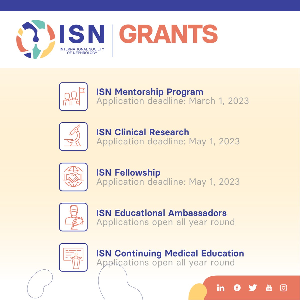 Don’t miss the deadlines - Advance your career by applying to ISN Grant Programs!
💥 Mentorship bit.ly/3wpNwqW
💥 Clinical Research bit.ly/3XA1XF0
💥 Fellowship bit.ly/39VcuqN
💥 EA bit.ly/3ZX5TRH
💥 CME bit.ly/3XRJK5E
#ThisIsISN