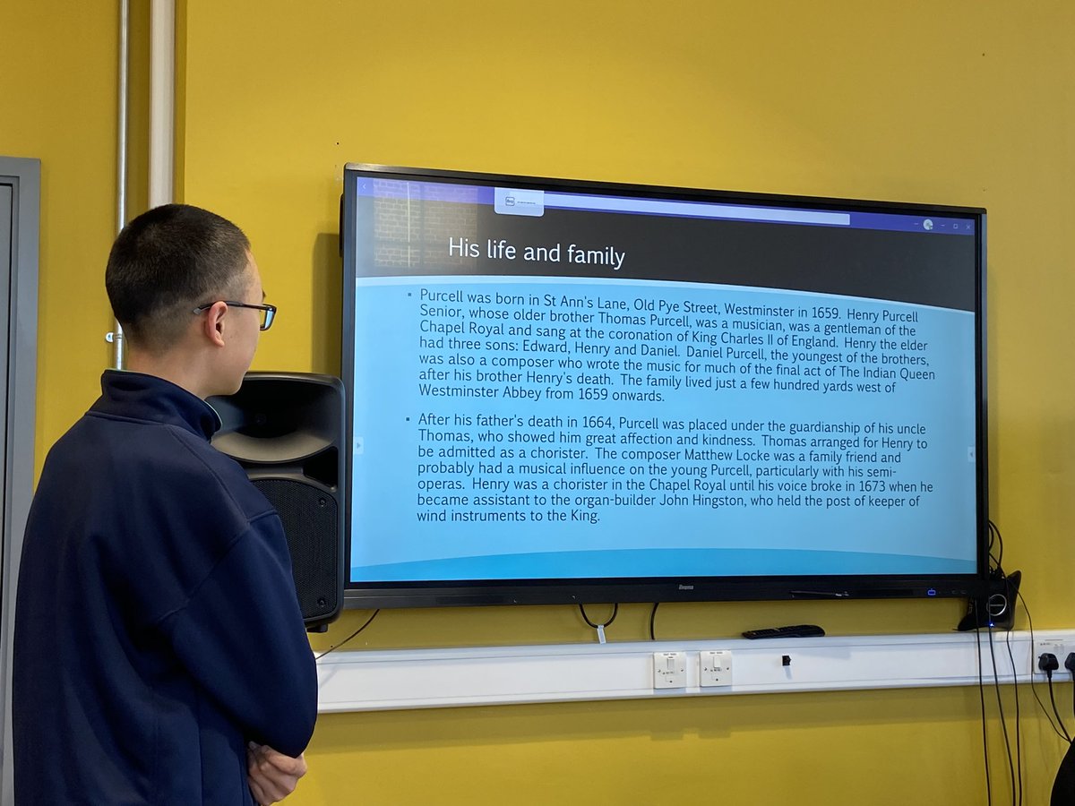 Year 9 Pupils leading learning about Purcell, including performing Trumpet Tune and composing a pastiche. Great presentation from WD!