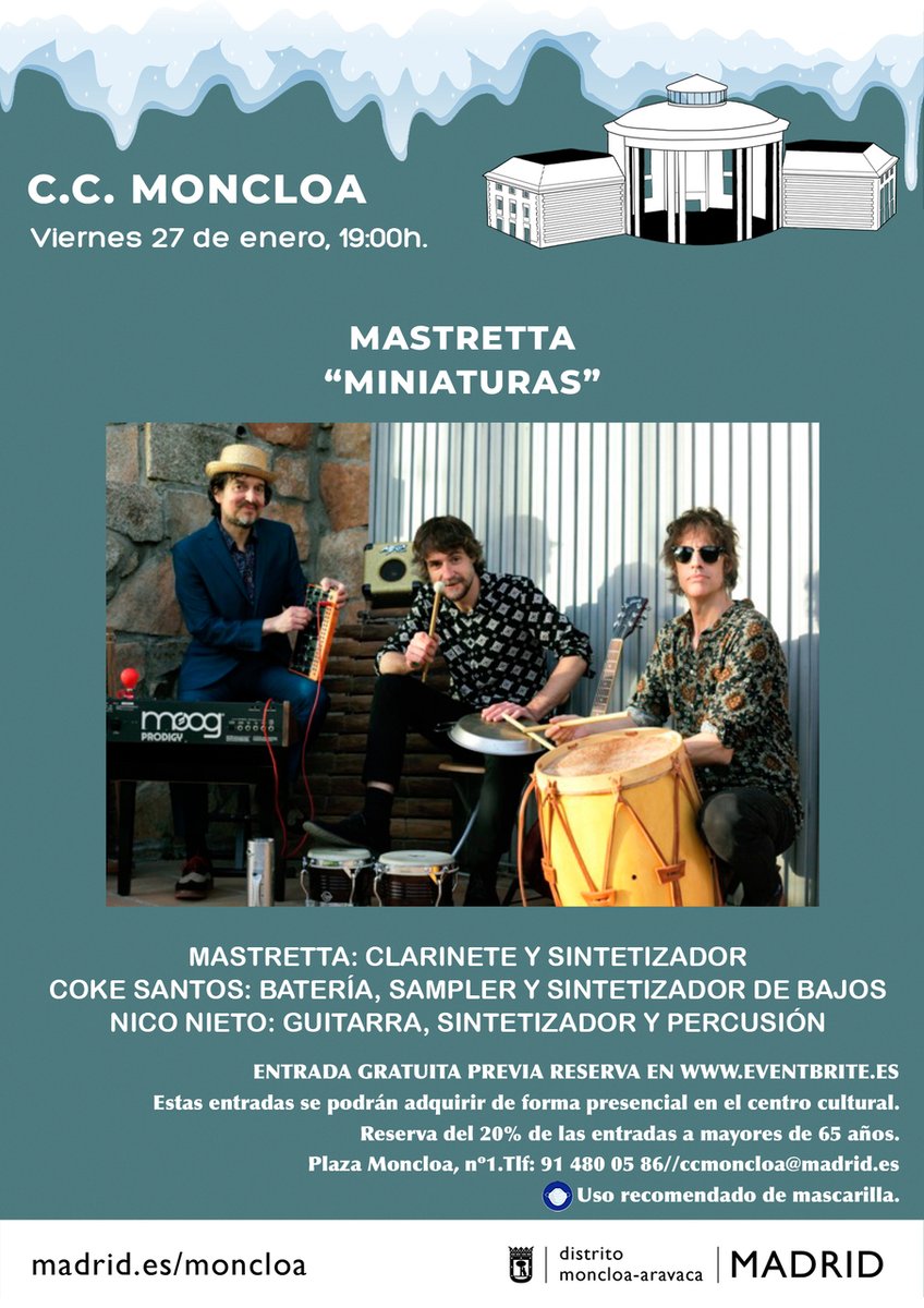 MoncloaAravaca's tweet photo. 🎤 En #Moncloa#Aravaca nos gusta la #música 🎵🎶 de todos los estilos
Este sábado disfruta en el #CCMoncloa con el directo de @nachomastretta que nos presenta "Miniaturas", una colección de piezas electrónicas
📆Día 27
☑ @nachomastretta "Miniaturas"
🕖 19h 📍 CCMoncloa https://t.co/VIafH6owwj