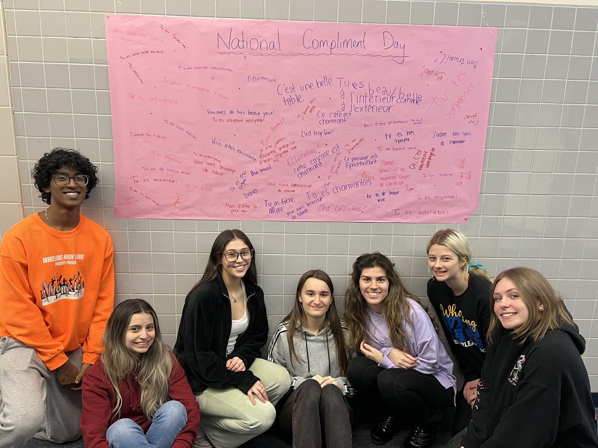 Apparently, it’s National compliment day. WHS French Club has written some lovely words of encouragement for you. Check them out as you stroll down the world language hallway. @Wheeling_Cats @hubbardbradford @AATFrench #TheWheelingWay #makeitmatter