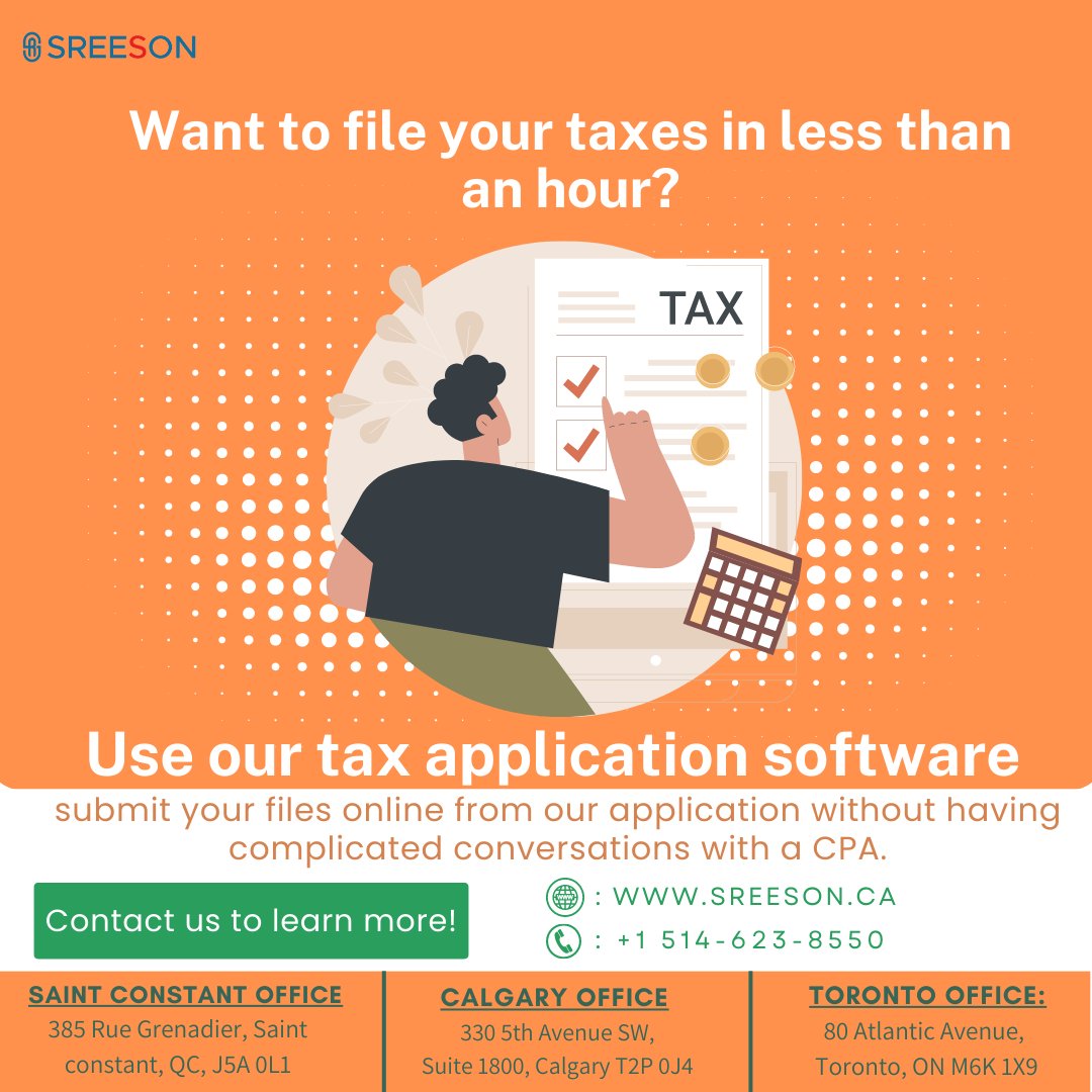 SreesonCanada's tweet image. Want to #filetaxes in #lessthan an hour? Use our #taxapplication #software &amp;amp; #submitfiles #online from our #application without having #complicatedconversations with #CPA  bit.ly/book-sreeson-c…

#taxapp #taxpreparer #taxreturn #taxsoftware  #taxseason #taxpreparation #incometax