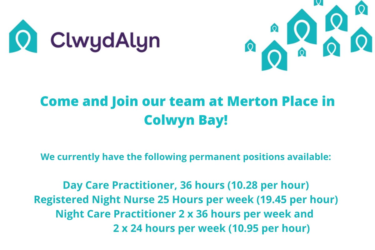 Our Care Home Merton Place, Colwyn Bay is currently recruiting.  

If you are interested please go onto our website: clwydalyn.co.uk/work-for-us/

#jobsnorthwales #jobsincare #carehomejobs #northwalesjobs #nighttimeshifts #clwydalynjobs #clwydalyn #carepractitioner