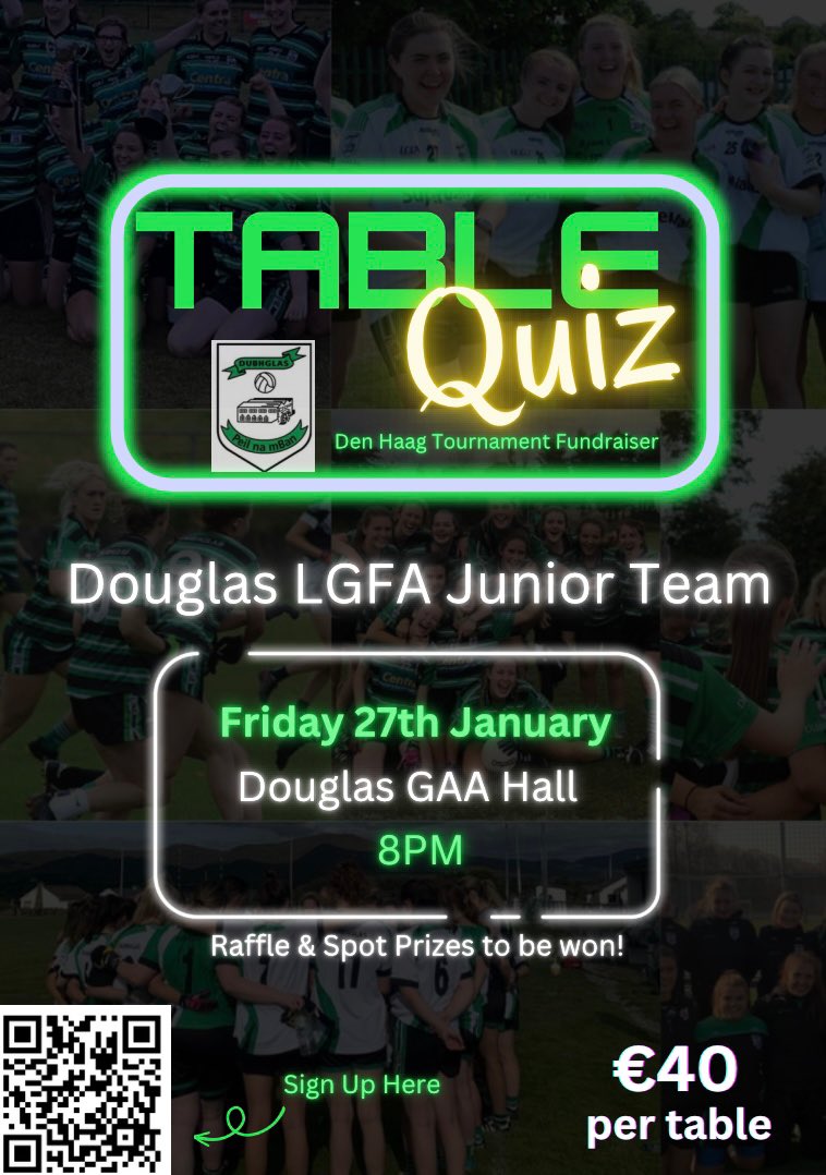 douglasladies's tweet photo. A reminder that our Junior Ladies Fundraising Quiz for their upcoming trip to The Hague takes place next Fri 27th @ 8pm in Douglas GAA club. We would appreciate your support .Prebook here ➡️https://t.co/vSumeDBcZn.  
Super Quiz &amp; Raffle prizes on the night. €40 per table . https://t.co/X3tpWxJrsI