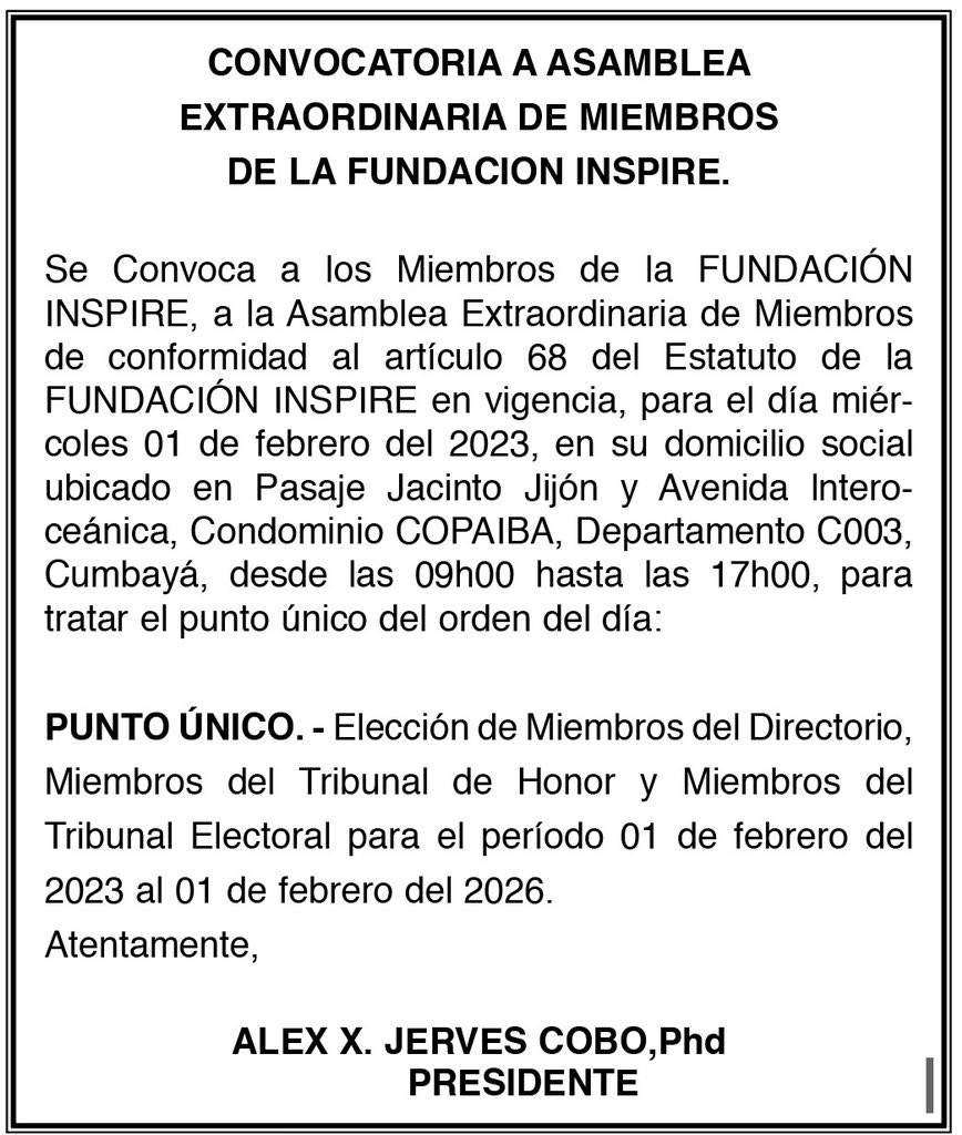 InspireEcuador's tweet photo. Compartimos formalmente con ustedes el anuncio del Diario La Hora con la convocatoria a los miembros de INSPIRE para las elecciones que serán el 01 de febrero del 2023 🗳️
#wearescience https://t.co/Ch6TCxe8Sr