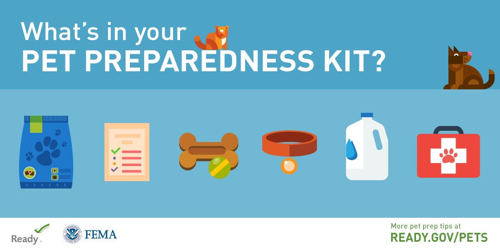 Include your pet in your emergency plan in case you need to evacuate for a disaster. Items to consider adding in your go-bag:

✅ Food &amp; water
✅ Medicine &amp; grooming items
✅ Collar with an ID &amp; a leash
✅ A photo your pet in case you get separated

ready.gov/pets