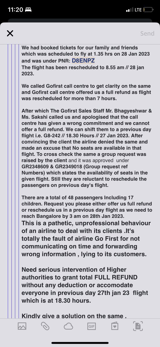 nicksy99's tweet photo. @GoFirstairways We had booked tickets for our family and friends which was scheduled to fly at 1.35 hrs on 28 Jan 2023 and was under PNR: D8ENPZ
 The flight has been rescheduled to 8.55 am // 28 jan 2023. Please look in urgently as all our plans have been disturbed @DGCAIndia https://t.co/I2buWBwmJj