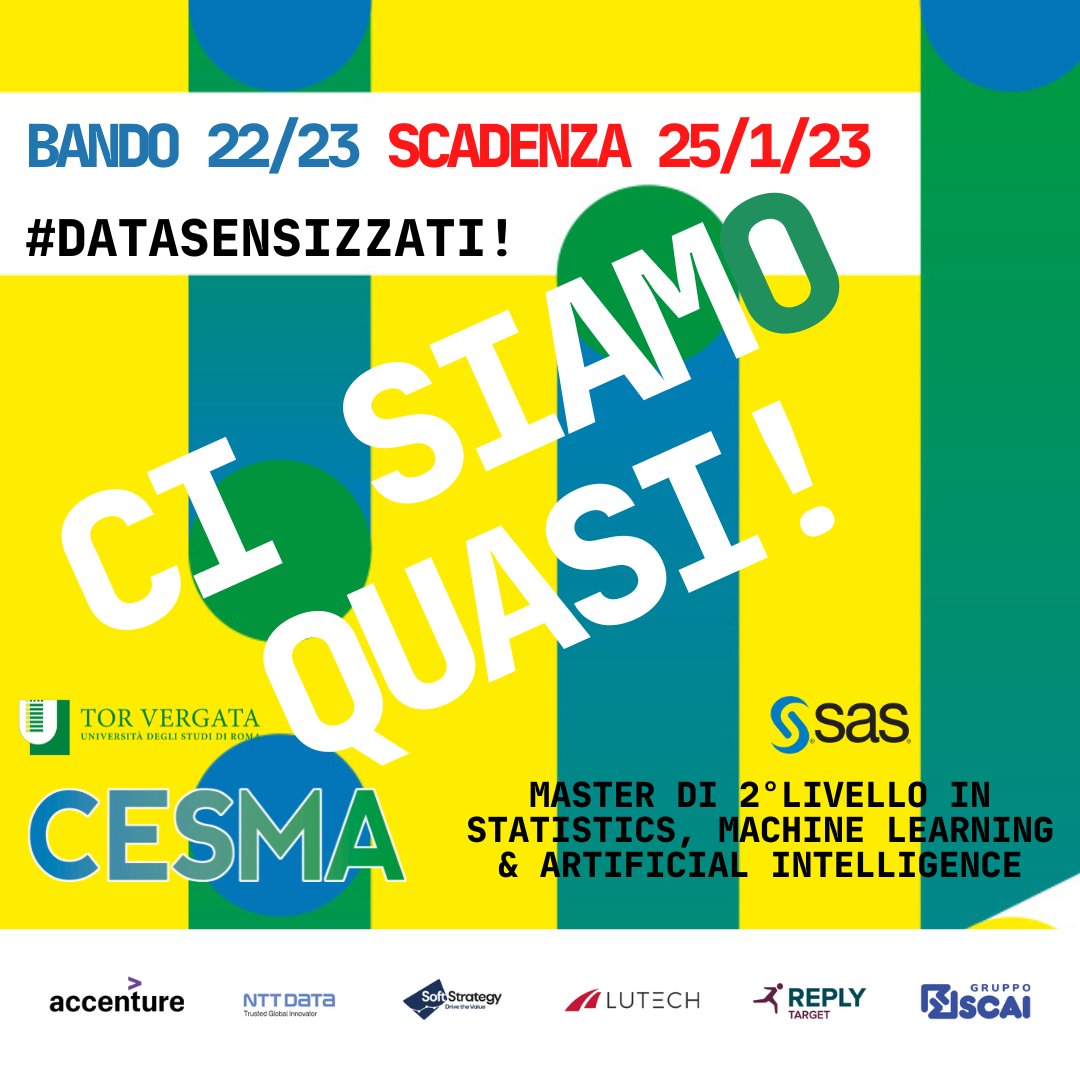 Ultime ore! Vi aspettiamo, noi ci saremo!
master-cesma.it
#customerexperience #Statistics #machinelearning &amp; #artificialintelligence
#economia #bigdata #bigdataanalysis #datascience #automation #technologyservices #digitalmarketing #dataanalytics
<a href="/EconTorVergata/">Economia Tor Vergata</a>