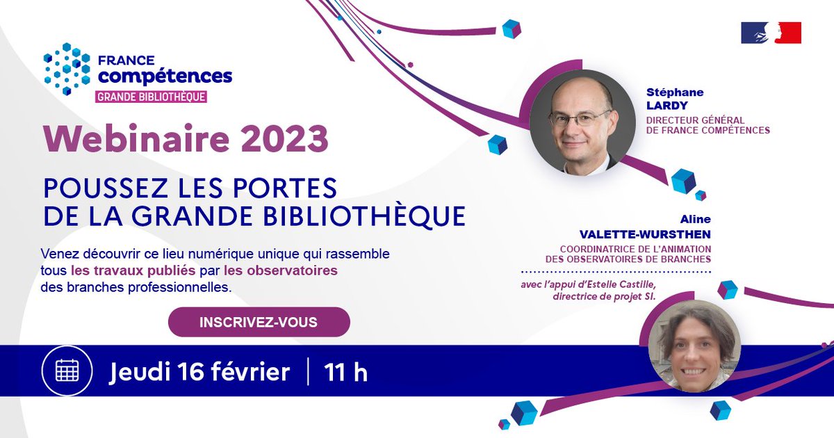 [#Webinaire] France compétences vous convie à pousser les portes de la Grande Bibliothèque, en cliquant ici : lnkd.in/eHJfWwd5. 
L'occasion de vous présenter le caractère innovant et les fonctionnalités de notre plateforme ! #Observatoires #Formpro  #Avenirpro #OPCO