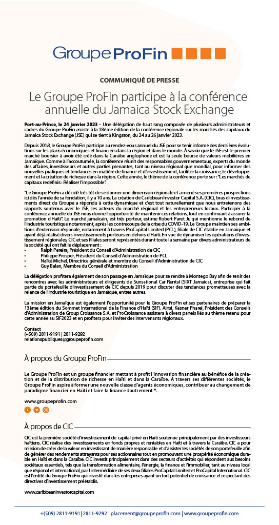 Une fois de plus, le #GroupeProFin participe à la conférence annuelle du #JamaicaStockExchange (JSE) qui se tient à Kingston du 24 au 26 janvier 2023.