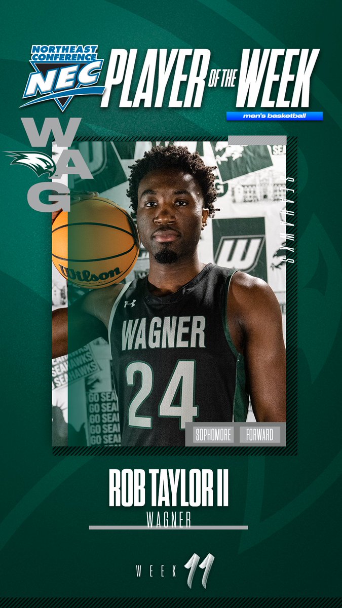 NECsports's tweet photo. 🏅 #NECMBB Player of the Week 🏅

👉 Rob Taylor II, @WagnerAthletics

🗒️ Taylor II averaged 18.0 ppg on a blistering 73.7% mark from the field in a sweep that stretched WC's win streak to 3 games. He added 5.5 rpg. Taylor has now reached double digits in 4 of his last 5 outings. https://t.co/0Aqw1ntKrA