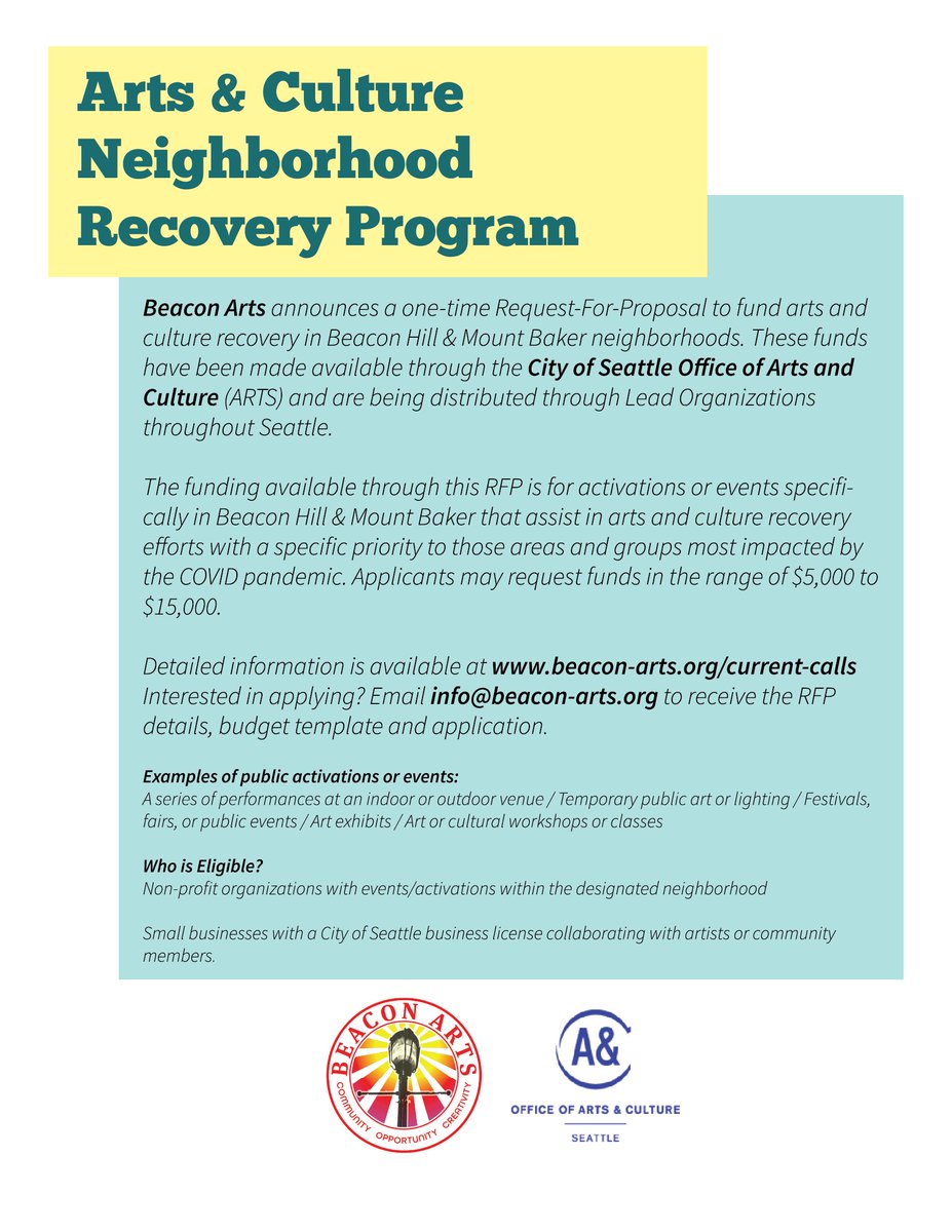 BeaconArtsSEA's tweet photo. We are excited to share that Beacon Arts has been chosen as the Lead Organization for the Art &amp; Culture Neighborhood Recovery Program! Funding will go to art related activations and events. Submissions are due Friday, February 10, 2023. Full RFP here:

https://t.co/YXGmH67Zmv https://t.co/VDRkZQVg2D