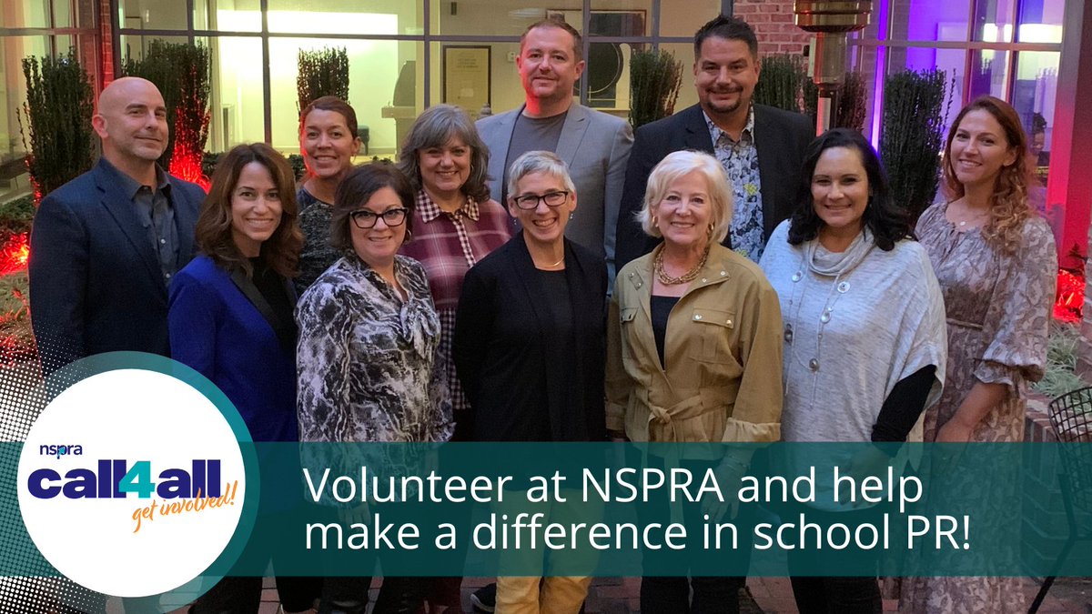 Get involved at NSPRA and help make a difference in #schoolPR! There are so many ways to volunteer:

✅ Run for an Executive Board office
✅ Serve on a committee
✅ Volunteer as an awards judge or association ambassador

Learn more at ow.ly/3isb50Mzn2H #NSPRACall4All