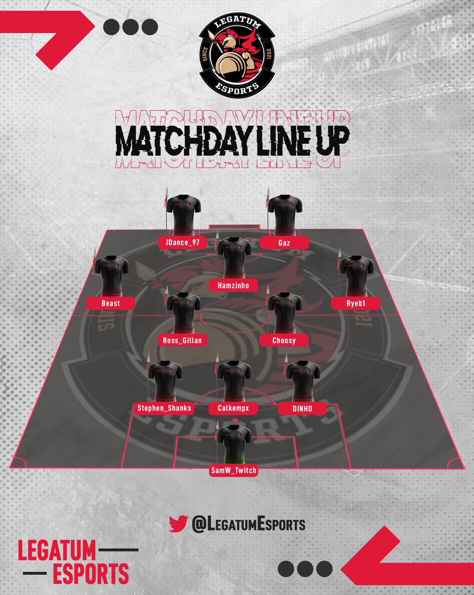 Legatum eSports Lineup 

One change - CalKemp comes in for BigVirg at CB 

🏴󠁧󠁢󠁥󠁮󠁧󠁿ENG CHAMP 
🕗8PM
🆚 Pro Nation

🇪🇺LGE 4 
🕘 8.45PM
🆚 CC Tekkers FC

🇪🇺LGE 4 
🕝9.15PM
🆚 FC Bacoboys

Good luck to all opponents tonight 

<a href="/VPGEurope/">Virtual Pro Gaming | Europe</a> <a href="/VPGUK/">VPG United Kingdom</a>