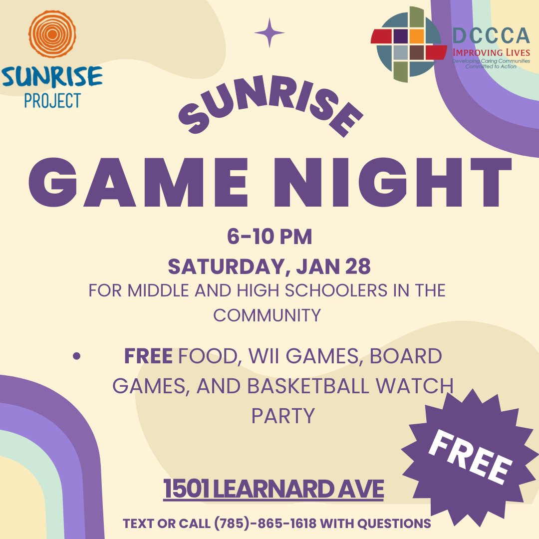 SunriseProjKS's tweet photo. Here's your reminder for our upcoming Sunrise Teen Game Night! It's this Saturday from 6-10 pm and is for middle and high schoolers in the community. We will have pizza, wings, a boba station, and even more snacks throughout the night, so make sure to stop by! https://t.co/NpJzCsjw3P