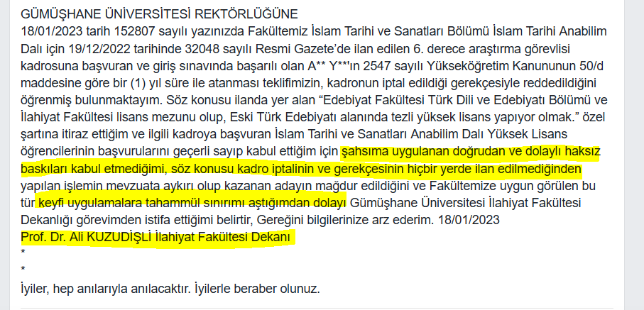 Gümüşhane Üniversitesi İlahiyat Fakültesi Dekanı Prof. Dr. Ali Kuzudişli fakültesindeki torpil ve kişiye özel ilan vakalarına itiraz etti. Bu tutumu nedeniyle mobbinge maruz kalan Kuzudişli dekanlık görevinden istifa etti.