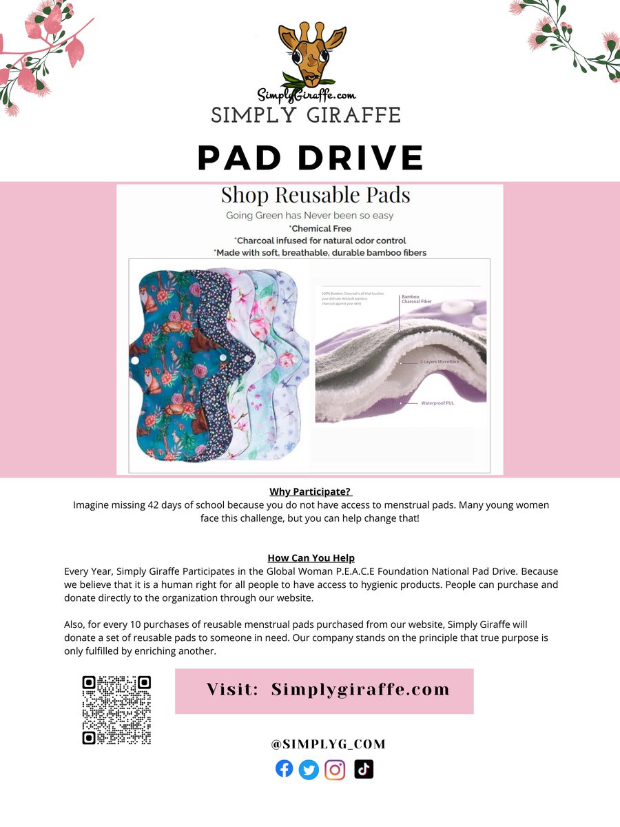 Lets make a different together. 
Visit to learn more: simplygiraffe.com/global-outreach

#reusablepads #chemicalfree #clothpads #zerowaste #ecofriendly #greenliving #periodcare #gogreen #natural #girlpower #womenshealth #blackowned #womanowned #simplygiraffe