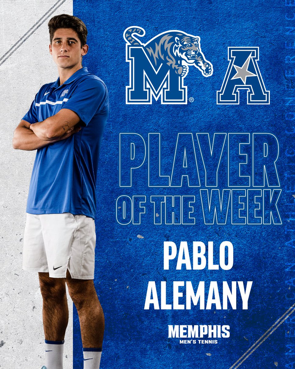 UofMTennis's tweet photo. A big week from the Spaniard!

Congrats to @PabloAlemany4  on being named the 
@American_Tenn Player of the Week 🔥

#GoTigersGo https://t.co/fbfubeQqok