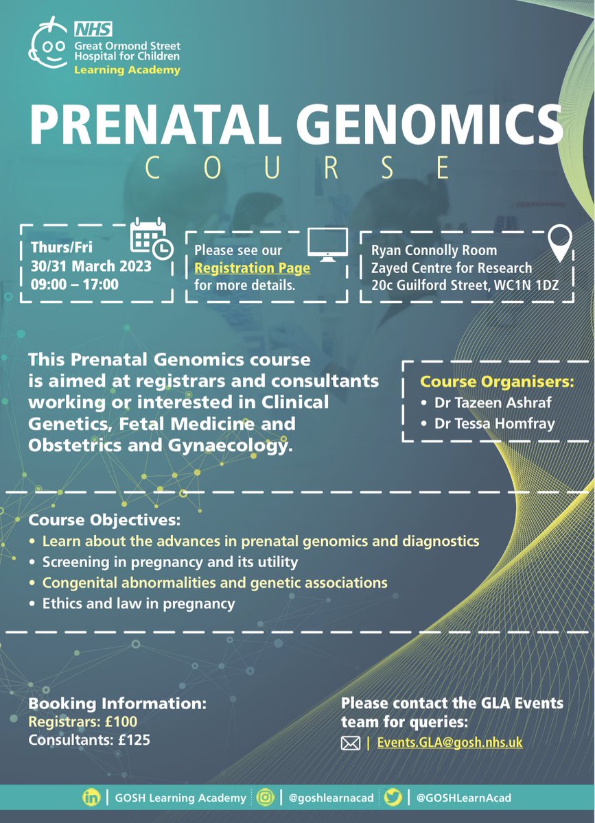 Prenatal Genomics course 2023 - registration is now live!!! #prenatal #prenatalgenomics #courses #training #gosh