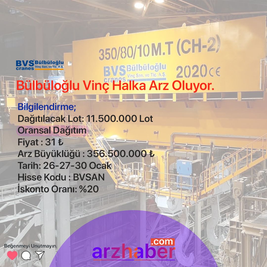 BORSAIZINDE's tweet photo. 📢 Yeni Halkarz 🔔
Bülbüloğlu Vinç #BVSBU 
Fiyat 31 TL
Detaylar 👇
Halka arzları takip etmek için @arzhabercom https://t.co/PAzKO3lPRw