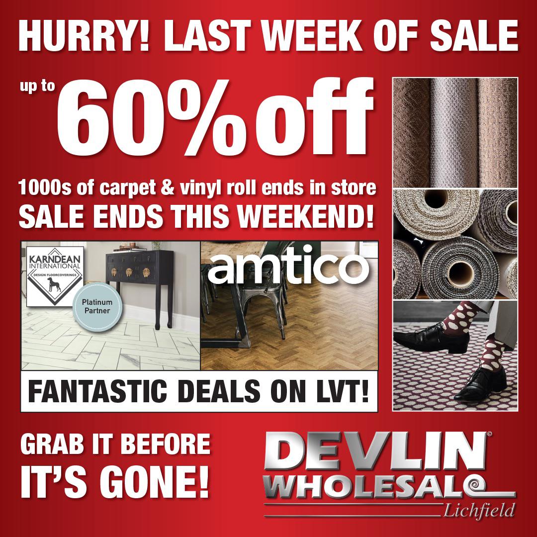 Our massive January Sale is ON NOW😎
We have some incredible bargains on stock items in store.
⬇️
Devlin Lichfield 01543 263486
Wholesale prices direct to the public.
Open Monday - Friday 0900 - 1800
Saturday 0900 - 1700
#Lichfield 
#flooring
