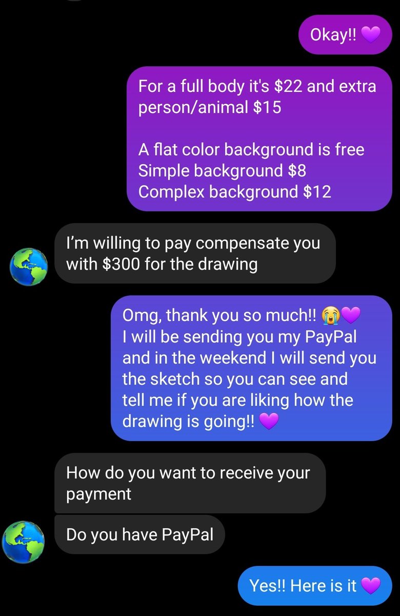 Luhmml's tweet photo. El otro día me quisieron estafar 

Como algunos ya saben  hace unos días me quisieron estafar para quitarme 200 dólares en PayPal. 
Me vinieron a pedir una comision, diciendo q "ay dibujas lindo, te regalarme 300 dólares por tu trabajo" y bueno, yo bien boluda acepte- https://t.co/oIVXxHEpcD