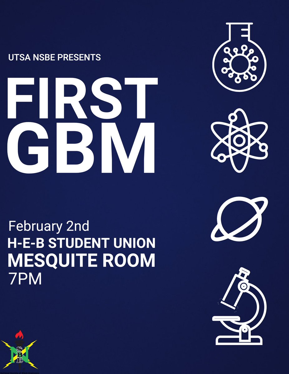 Happy New Year!! Come out to learn more about UTSA NSBE!! Join us in our first meeting of the semester to learn more about what we have to offer. We hope to see you there.  

#utsa22 #utsa23 #utsa24 #utsa25 #utsa26 #STEM