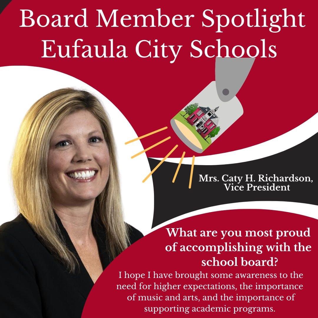 EufaulaCS's tweet photo. We are spotlighting 🔦💡 our School Board Members each day this week.  Please help us thank them for working year-round to power our students with the knowledge and tools they need for a successful future.  Thank you, School Board Members! #ThanksBOE #SchoolBoardMonth #WeAreECS https://t.co/mgLuevQ8jH