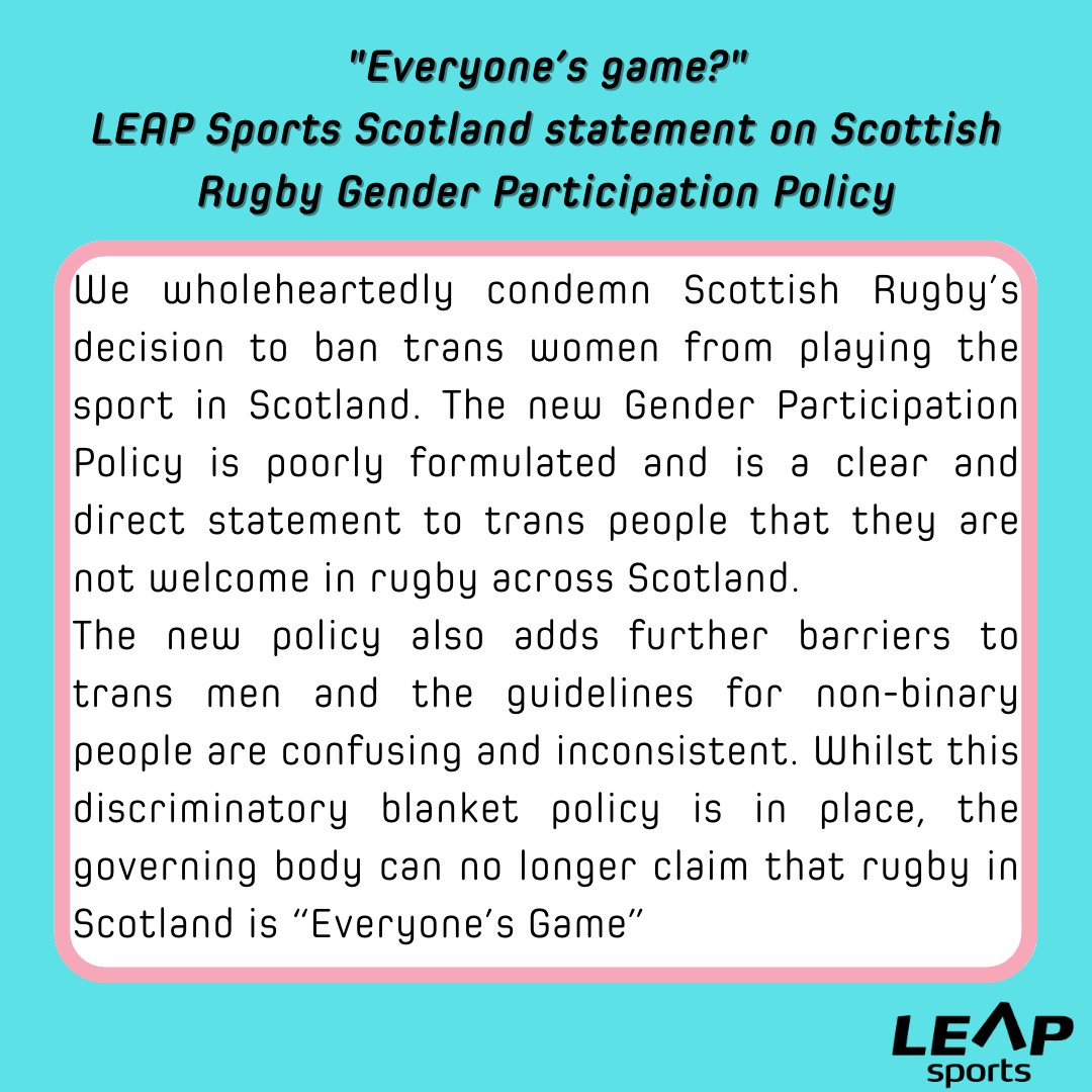 LEAPsports's tweet image. Our statement on @Scotlandteam's updated Gender Participation Policy. 

Also available on our website leapsports.org/news/statement…