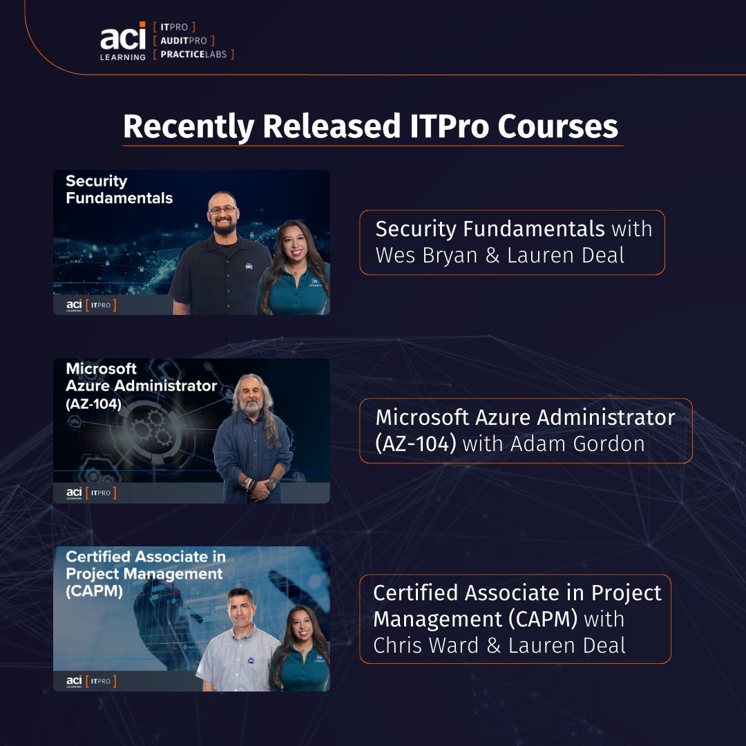 aci_learning's tweet photo. Have you been waiting for new ITPro content? ⏰ Here are all of our recently released courses! #ittraining #ittrainingprovider #itcourses https://t.co/q5Ll1AKwAp
