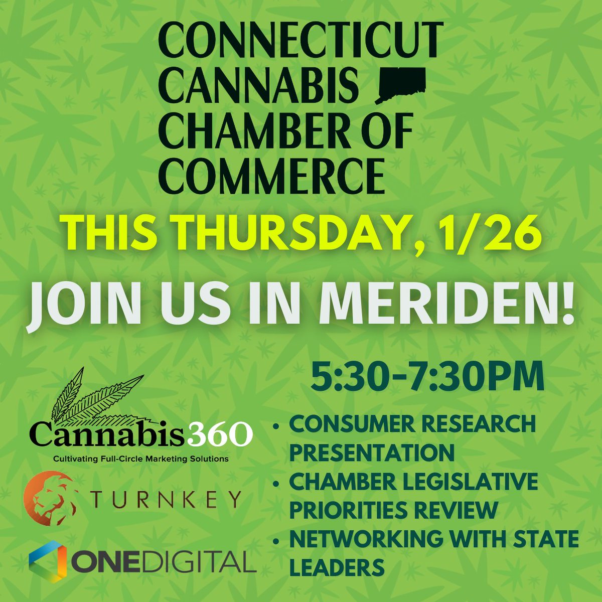 This Thursday! Networking &amp; industry insights at the CT Cannabis Chamber's Quarterly Mixer. Meet industry leaders &amp; hear from experts. Jan 26, 5:30 PM - 7:30 PM at Turnkey Processing in Meriden. Members attend free. #cannabisindustry #cannabis 

ctcannabischamber.org/event-details/…