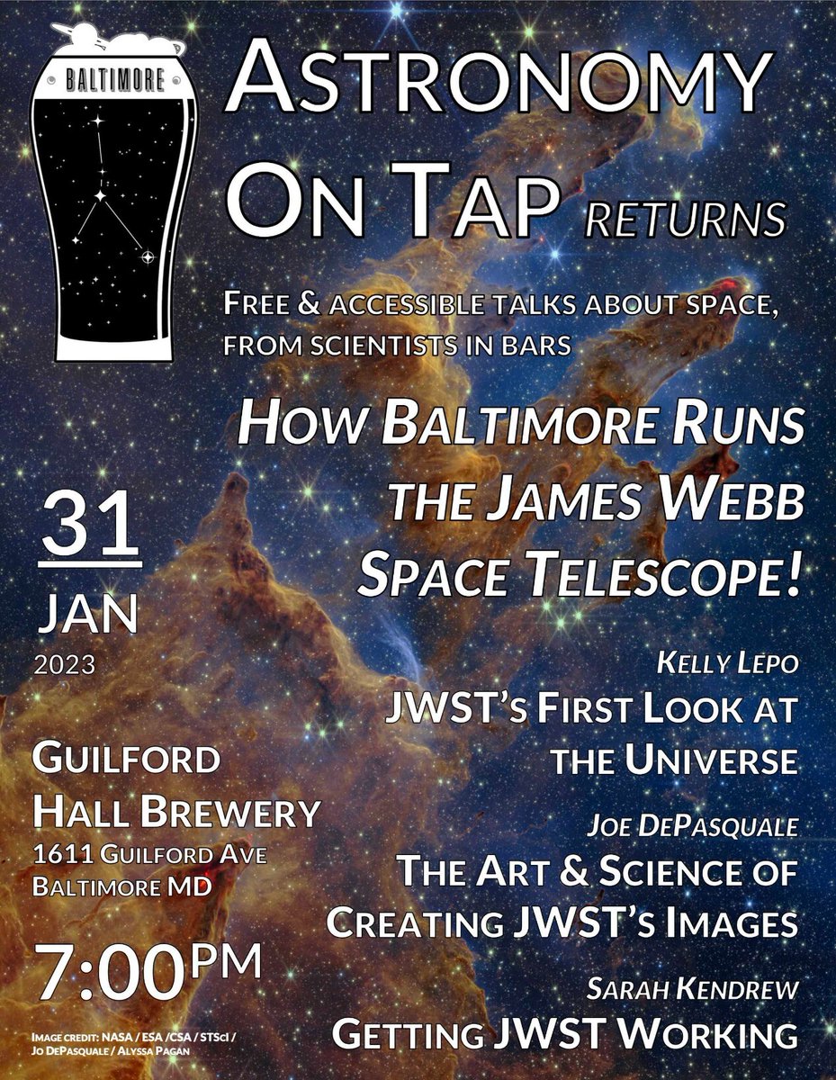 One week from today! I'll be speaking at Astronomy on Tap Baltimore, Tuesday Jan 31st, 7:00 pm at Guilford Hall Brewery.

Come hear free, accessible, and fun talks from the people in Baltimore who work behind the… astrodon.social/@kellylepo/109…