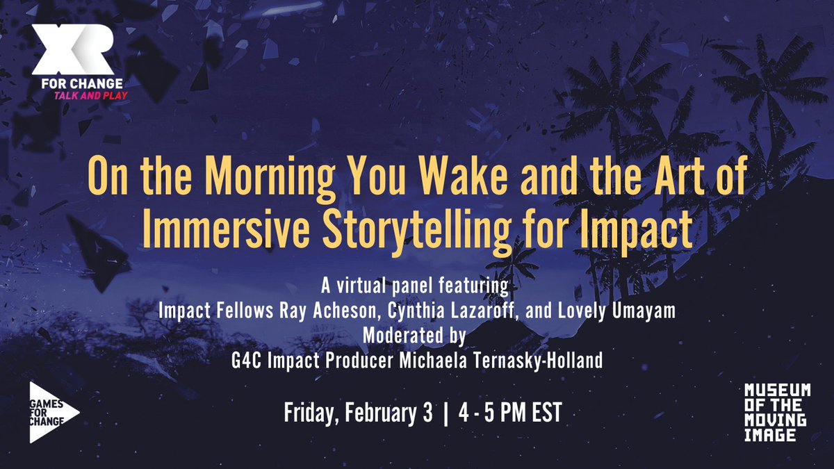 G4C's tweet image. #G4C &amp;amp; @MovingImageNYC are presenting a FREE virtual #XR4C Talk &amp;amp; Play!

Join @ImMichaelaTH, @CynthiaLazaroff, @bombshelltoe, &amp;amp; @achesonray for &quot;On the Morning You Wake &amp;amp; the Art of Immersive Storytelling for Impact.&quot;

Secure your spot today👇
buff.ly/3kB4ikq