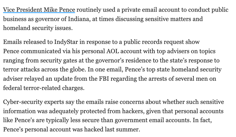 Reminder that Mike Pence used an AOL account to conduct state business while he was Governor of Indiana, and that account was hacked. No one cared--despite the year-long rage fest at Hillary Clinton's private email usage that preceded it. indystar.com/story/news/pol…