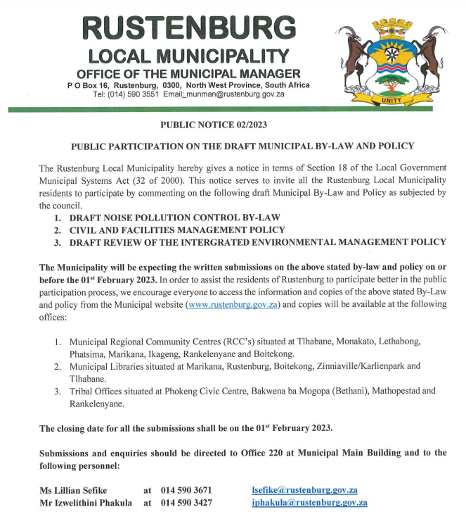 MunicipalNotice's tweet photo. Do you have ideas about noise, infrastructure or the environment in Rustenburg? 🔊 🌳

Then comment on draft municipal By-law and policies 🗓️ By 1 February 2023

https://t.co/wIkYFj6MEY

#PlanningNotice  #RustenburgNotice https://t.co/hWqMgF3rqd