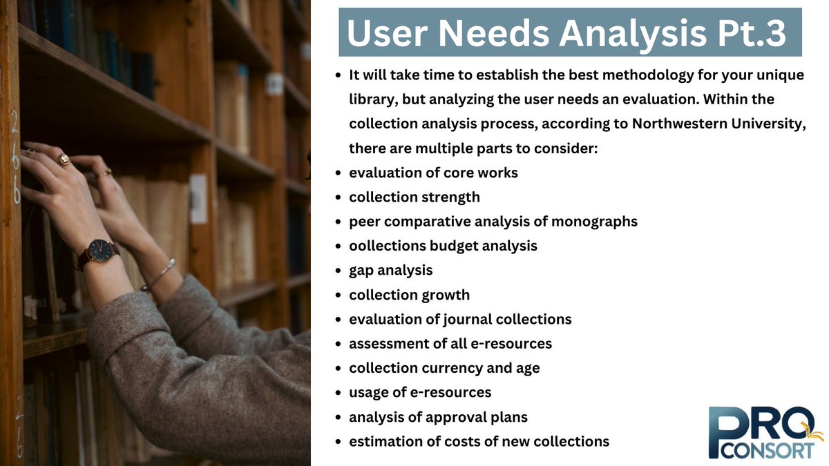 ProConsort's tweet image. It will take time to establish the best methodology for your unique library, but analyzing the user needs an evaluation. Within the collection analysis process, according to Northwestern University, there are multiple parts to consider...
Part 3 lies ahead..
#readingcommunity
