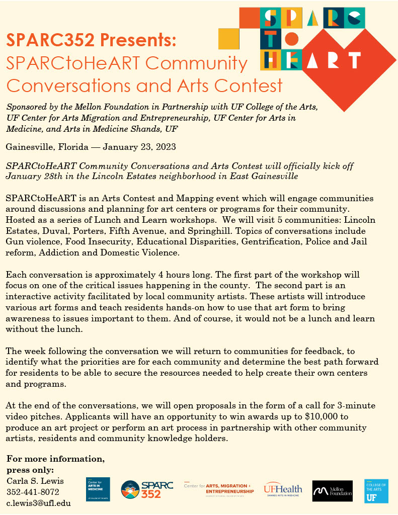 Join #ufcota partner in art-for more-vibrant-communities, <a href="/SPARC352/">SPARC352</a>,  for the first of 5 Community Conversations &amp; Art Contest workshops taking place in Gainesville, Fla. 
This Saturday:📍 Lincoln Estates neighborhood.
See press release for details. Up to $10,000 in awards!