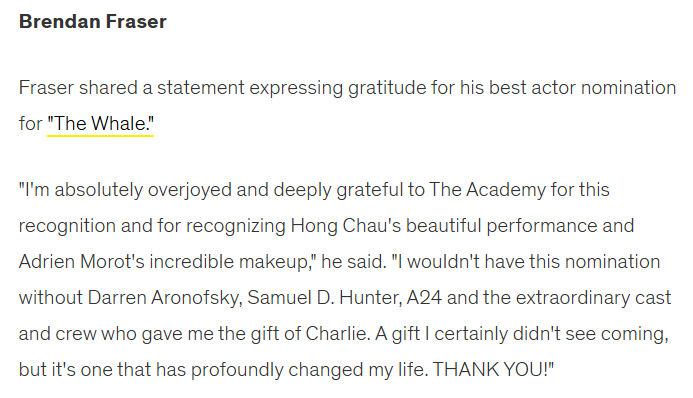 FansofBrendan's tweet photo. #BrendanFraser's statement on his nomination. #Oscars2023 #bestactor #brenaissance https://t.co/gC4fG1yF7P