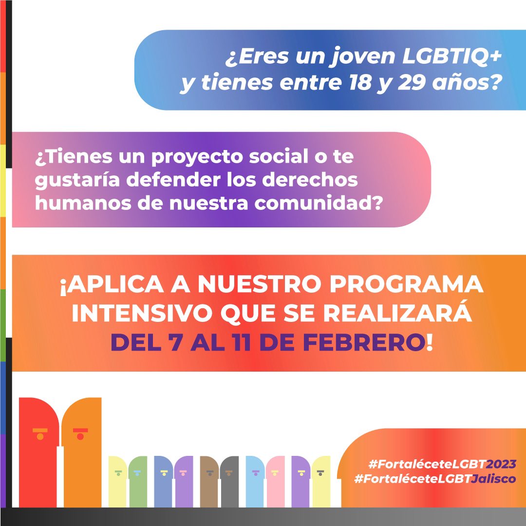 📢 #IMPERDIBLE ¡POR 1ERA VEZ SE LANZA #FortaléceteLGBT2023 EN JALISCO! Un programa de alto rendimiento dirigido a jóvenes líderes de la comunidad LGBTI+ para fortalecer sus habilidades 🙌📣.

¿Quieres participar? 🏳️‍⚧️🏳️‍🌈