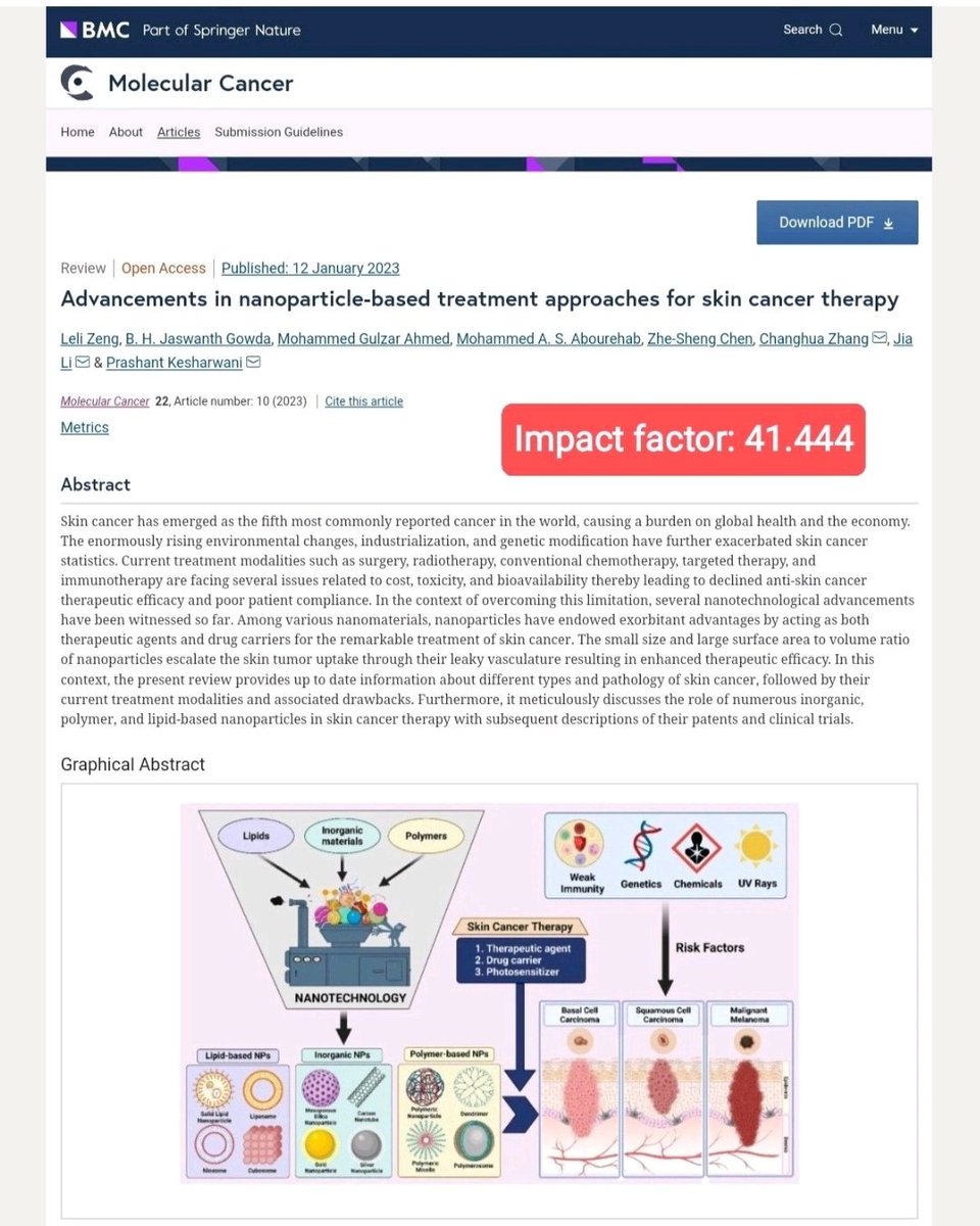 Happy to share that our review article on "Nanoparticles for skin cancer therapy" has been published in "Molecular Cancer" journal with an impact factor of 41.444.

Link to article: molecular-cancer.biomedcentral.com/articles/10.11…

#drugdelivery #pharmaceutics #nanoparticles #research #Science #medicine
