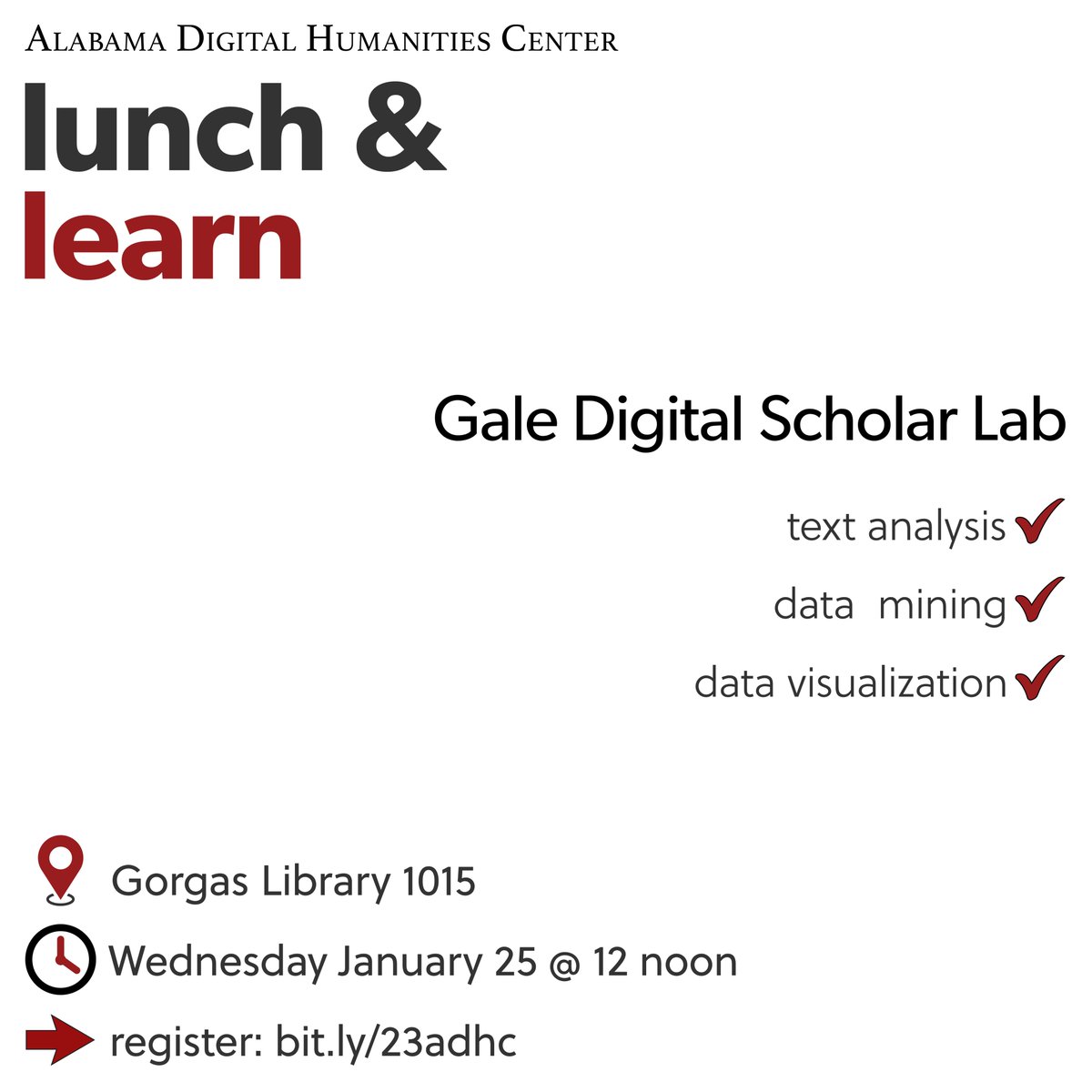 AlabamaDHC's tweet photo. Tomorrow in the #ADHC we're going to talk about Gale Digital Scholar Lab, a resource that makes it easy for you to integrate DH into your classroom without teaching specialized tools! Bring your lunch and come learn with us! #ADHCLunchLearn https://t.co/WabEtO7GYv https://t.co/tdHYAyn40u