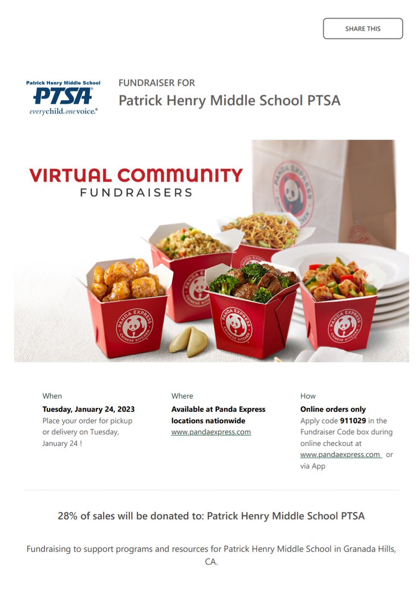 Patrick_henryMS's tweet photo. Support our PHMS PTSA and enjoy a Panda Express meal today! https://t.co/nJIs1M1c8T